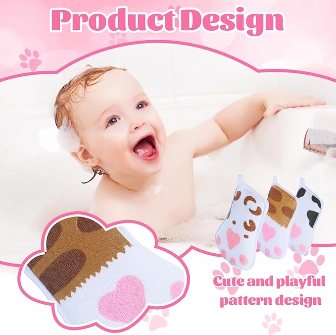 Baby and Kids Bath loofah Sponge, Easy Grip Cute Cat Paw Design Kids Body Exfoliating Body Scrubber Loofah Sponge,Bath Sponge Set Designed for Toddler, Women, Boys, and Girls (3 Pack)