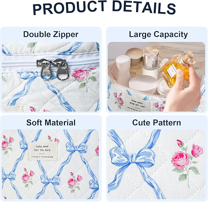 3Pcs Cotton Quilted Makeup Bag Large Travel Cosmetic Bag Coquette Makeup Pouch Cute Aesthetic Floral Toiletry Bag for Women Girls (flower-Q)