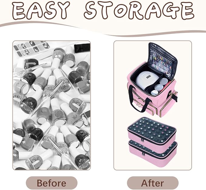 Nail Polish Organizer Case Large Capacity 80 Bottles(15ml/0.5fl.oz) Travel Storage Box with 2 Detachable Bags for Women's Nail Tools Essential Oils and Cosmetics Sets Pink