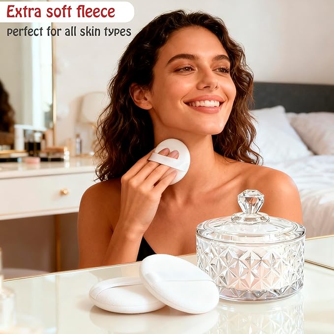 Large Body Powder Puff and Container - 2 Powder Puffs for Women Bath and Face Dusting Powder, Makeup Setting Powder Applicator for Talcum or Loose Powder (White)