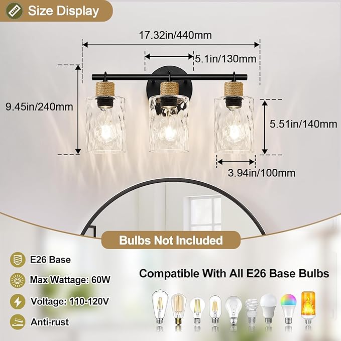 Bathroom Light Fixtures, 3-Light Coastal Vanity Lights with Crystal Glass Shade, Black Bathroom Wall Lamp for Mirror Kitchen Hallway Cabinet