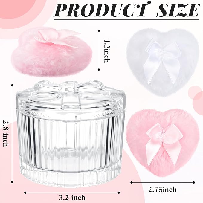 Tioncy 3 Pcs Large Body Powder Puff and Container Valentine's Day gift Powder Container with Puff Crystal Case Soft Washable Reusable Velour Face Body Glitter Wet Dry Makeup(Round Bow,Clear)
