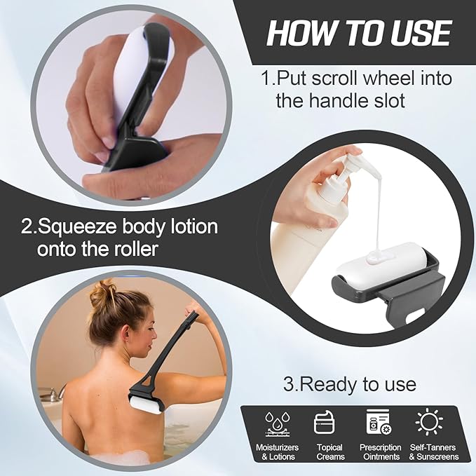 Lotion Applicator Set for Back & Body 18.3” Foldable Application Roller with 2 Reusable Rollers Back Applicator Strip with Hooks Apply Lotion Cream Ointment Self Tanner for Elderly Seniors (Black)