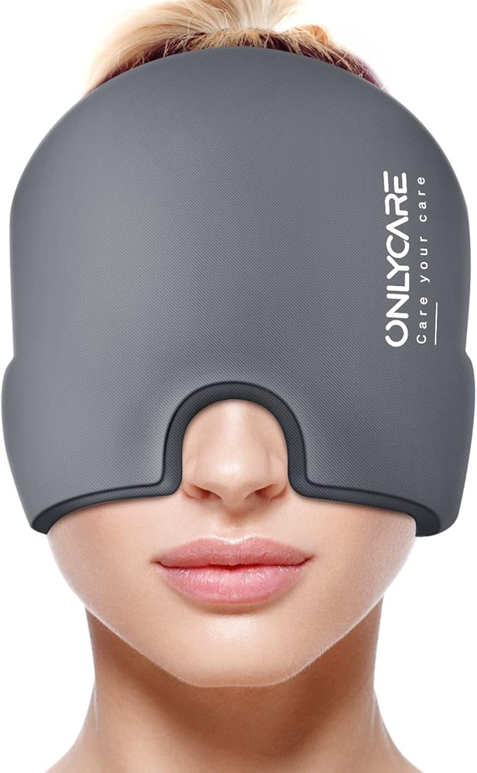 ONLYCARE Migraine Relief Cap,Soothing Migraine Mask,Upgraded Odorless Gel Ice Head Wrap, Hot and Cold Therapy, FSA or HSA Eligible Headache Ice Pack for Tension and Stress(Grey)