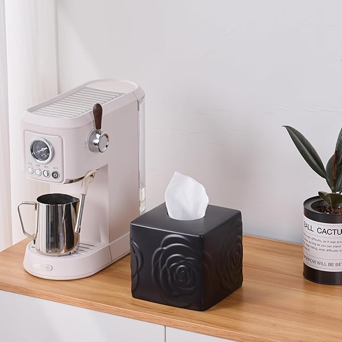 Black Ceramic Rose Tissue Box Cover, Carved Flowers Large Square Tissue Box Holder Decorative for Bathroom, Vanity, Kitchen Countertop, Bedroom Night Stands, Office Desk Top
