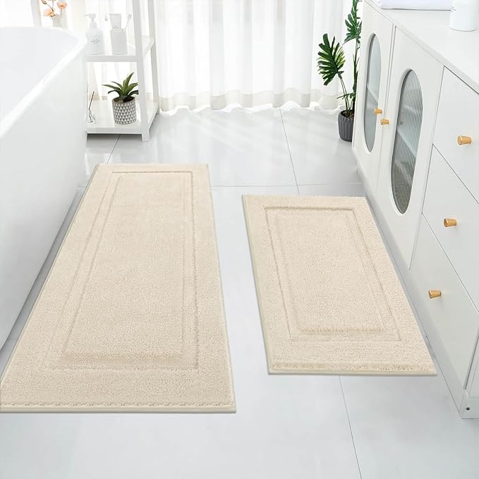 SHACOS Ultra Soft Bathroom Runner Rugs Sets 2 Pieces 47x20 + 32x20 inch Microfiber Long Bath Rugs Non Slip Washable Fluffy Bath Mats for Bathroom Shower Tub, Light Beige