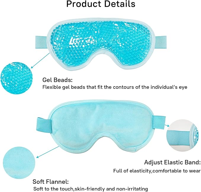 Cooling Gel Eye Mask, 2 PCS Reusable Eye Bead Pad & Cool Compress for Puffy Dry Eye, Cold Eye Ice Mask Gel Pack with Plush Backing for Migraine & Stress Relief, Blue