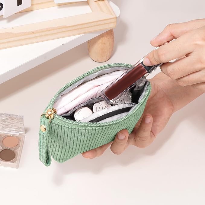 MAGEFY Mini Makeup Bag, Cute Small Makeup Bag for Purse Corduroy Cosmetic Bag for Women with Slip-in Pockets Travel Purse Essentials Lipstick Bag(Green,Mini)