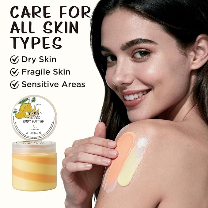 Mango Whipped Body Butter, Shea Body Butter for Women Dry Skin, Natural Mango Lotion for Body Moisturizer-Deep Moisturizing and Softening-3.4 floz+6.8 floz(100ml+200ml)