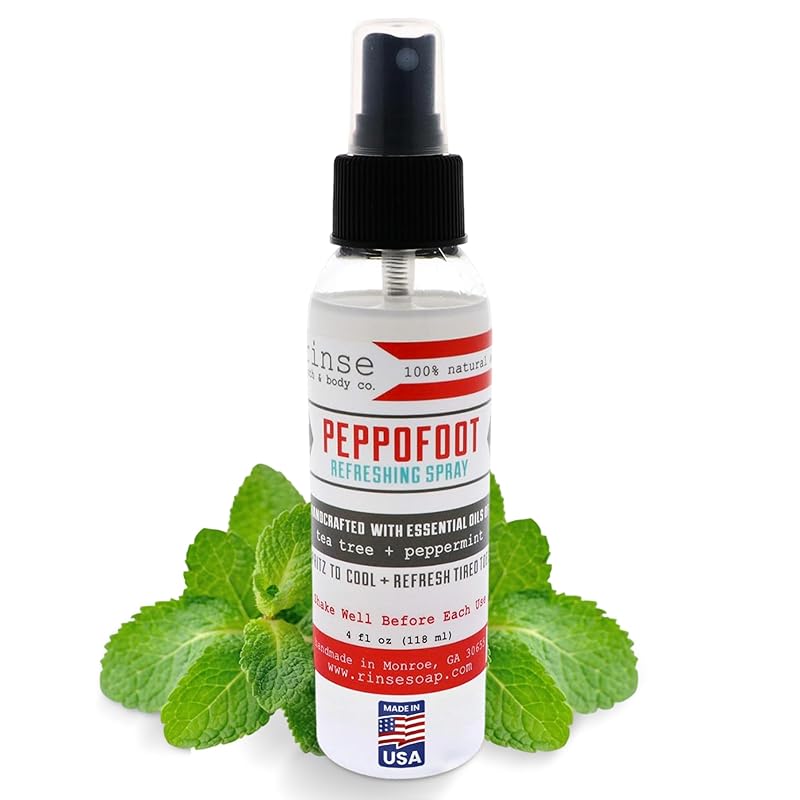 Rinse Bath & Body Peppermint Foot Spray - 4oz Handmade All Natural Cooling Foot Spray with Tea Tree Oil and Essential Oils, Vegan, Non-GMO, Gluten Free, Deodorizing Peppermint