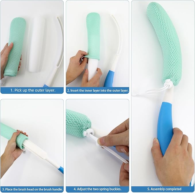 15.35" Back Bath Brush with Sponge,Back Scrubber Bath Mesh with Curved Long Handle Bath Body Brush for Elderly Aid Bathing and Shower