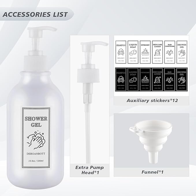 Shampoo and Conditioner Dispenser, Refillable Plastic Shampoo Pump Bottles with Waterproof Labels, Empty Body Wash Dispenser Set for Bathroom, Shower Soap Bottles (White)
