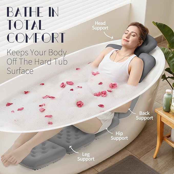 Full Body Bath Pillow for Bathtub, Thick Bathtub Cushion with Laundry Bag, Luxury Tub Pillow for Bath for Headrest Neck and Back Support Gray 60" x 16"