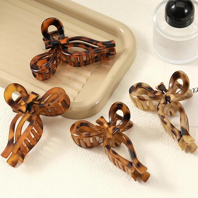 Auseibeely 4 Pcs Bow Claw Clips for Women & Girls, 4.3 Inch Tortoise Shell Cute Bow Hair Clips, Medium Claw Clip for Thick/Thin Hair, Non-Slip Elegant Butterfly Hair Accessories for Gift