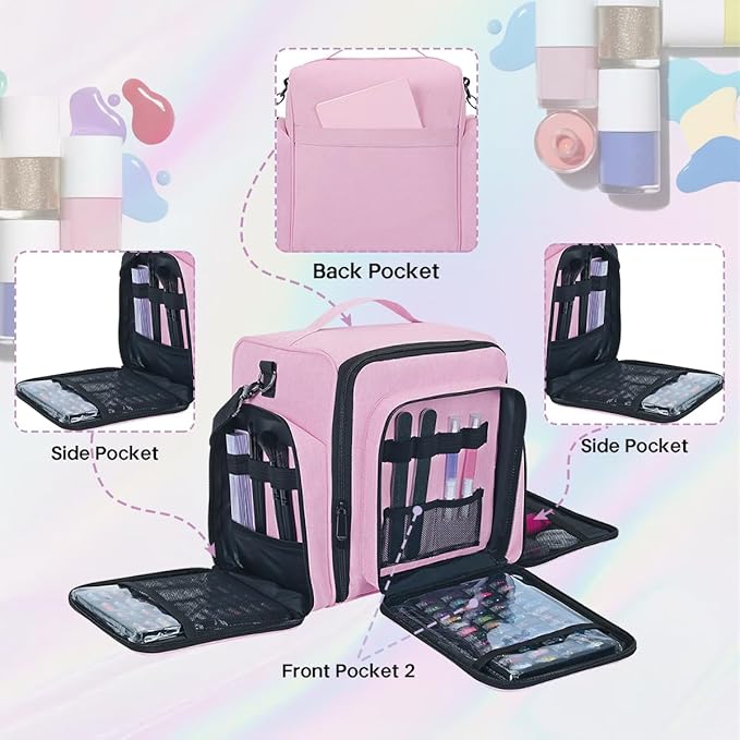 Nail Polish Organizer Holds 60 Bottles and a Nail Lamp,Portable Travel Case with 2 Removable Bags and Tools Storage Pockets Pink