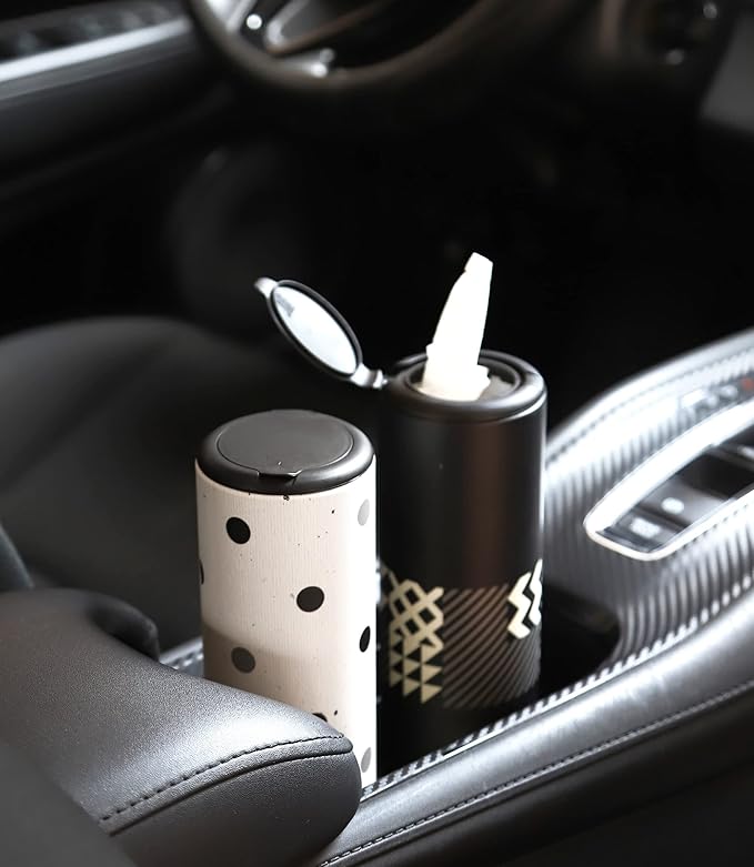 Car Tissue Holder with Facial Tissues Bulk - 4 PK Car Tissues Cylinder with Cap, Tissue Holder for Car, Travel Tissues for Car Cup Holder, Refill Car Tissue Box Round Container