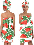 Watermelon Leaf Print Bath Wrap and Hair Drying Towel Set for Women – Microfiber Quick Dry Shower Body Wrap, Absorbent Spa Skirt with Elastic Band (Watermelon 3)