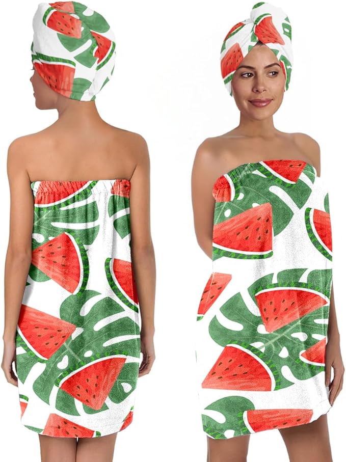 Watermelon Leaf Print Bath Wrap and Hair Drying Towel Set for Women – Microfiber Quick Dry Shower Body Wrap, Absorbent Spa Skirt with Elastic Band (Watermelon 3)