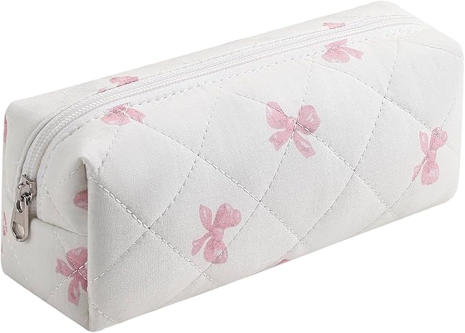 Cute Floral Makeup Brush Bag Small Cotton Quilted Cosmetic Bag for Women Travel Toiletry Zipper Make Up Pouch (Pink Small Bowknot)