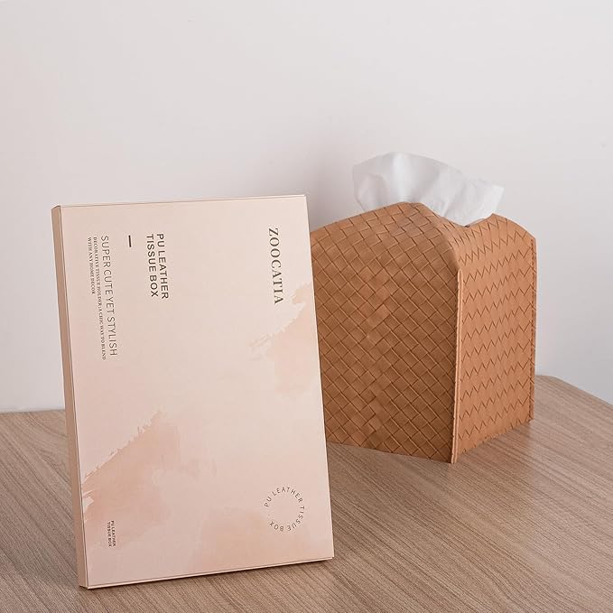 zoocatia Tissue Box Cover PU Leather Tissue Holder Square Facial Tissue Case Facial Paper Organizer Dispenser for Bathroom, Vanity Countertop, Tabletop, Car, Khaki