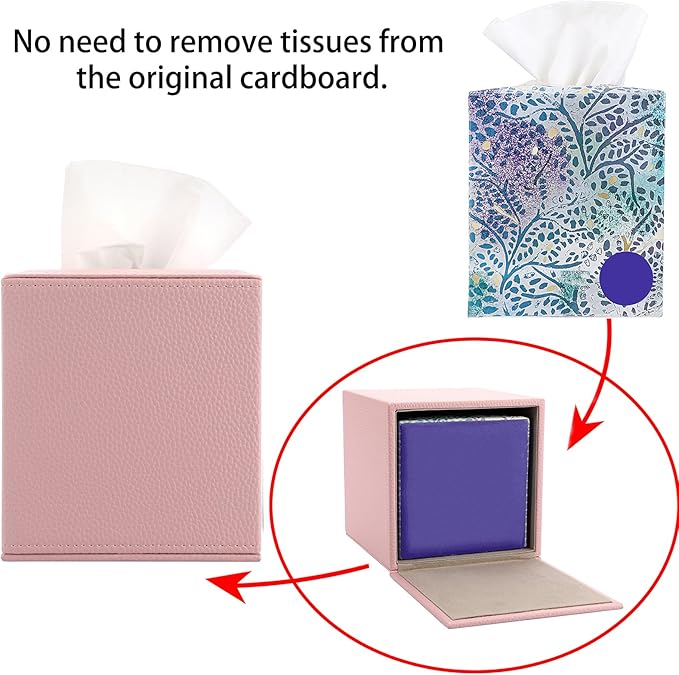 Sumnacon Tissue Box Cover Square Tissue Box Stylish PU Tissue Box Holder with Magnetic Bottom, Cube Leather Tissue Cover for Living Room Bathroom Table Desk Home Office Car, Pink