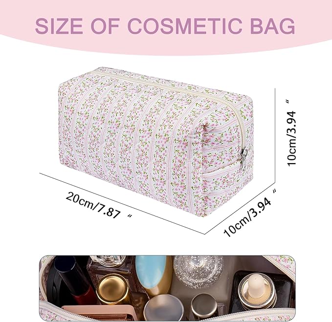 Floral Makeup Bag, Cute Cosmetic Bag for Women Girls, Quilted Cotton Make up Pouch, Travel Makeup Bags, Portable Storage Toiletry Organizer Bag(Pink Floral)