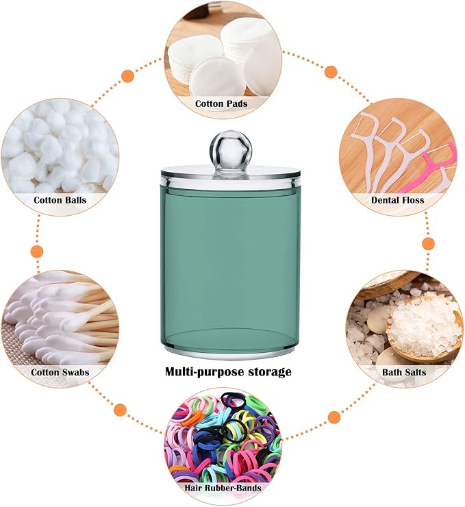Teal Green Retro Qtip Holder Organizer Dispenser Cotton Swabs Cans Plastic Jars with Lid Set 4 Pack Bathroom Storage Canister for Cotton Ball Floss Cotton Pads