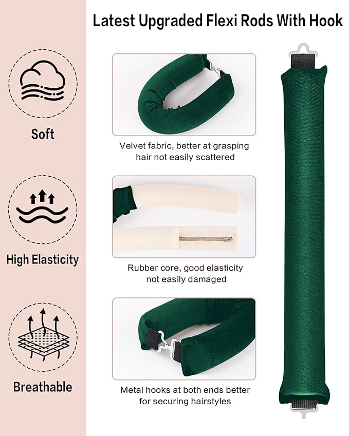 Heatless Curls Overnight with Satin Head Scarf, Velvet Hair Rollers for Blowout Look, No Heat Curling Rod for Long Thick Hair, Soft Sleep In Flexi Rods