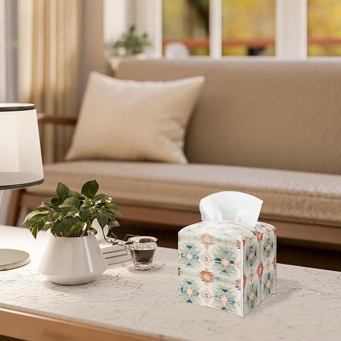 Southwestern Aztec Design Tissue Box Cover - Vintage PU Leather Waterproof Tissue Holder - Facial Paper Organizer for Home Bathroom Office - Desk Decorative Dispenser Box-B04