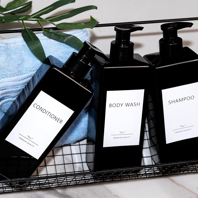 Shampoo and Conditioner Dispenser Set, 3Pack Refillable Shampoo and Conditioner Bottles with Labels, 500ml Soap Dispenser 16.9oz Shower Dispenser Square Pump Bottle for Bathroom and Kitchen - Black
