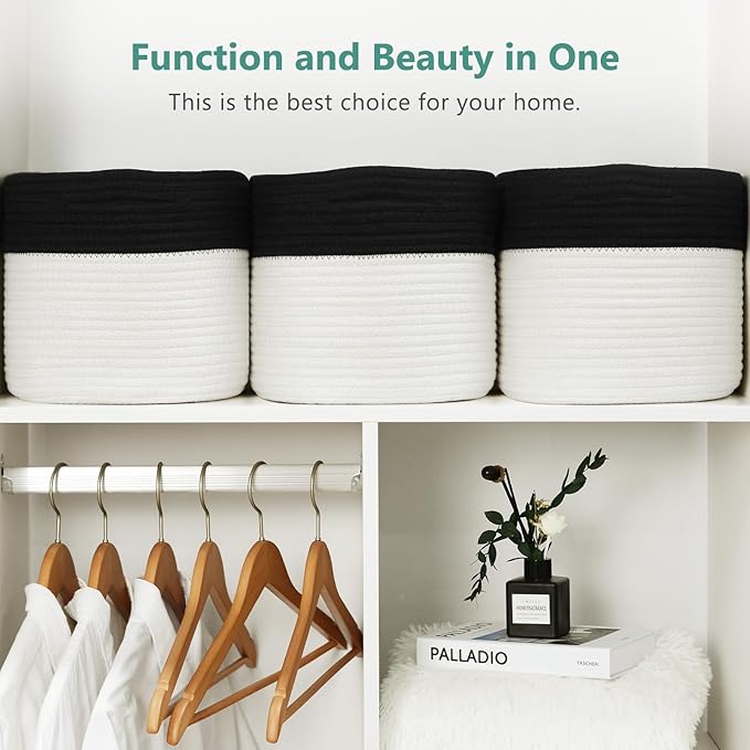 Cotton Rope Storage Basket, 15x10x9 Inches, Woven Basket for Shelves, Clothes, Towels, Books, and Laundry, Black/White (2 Pack)