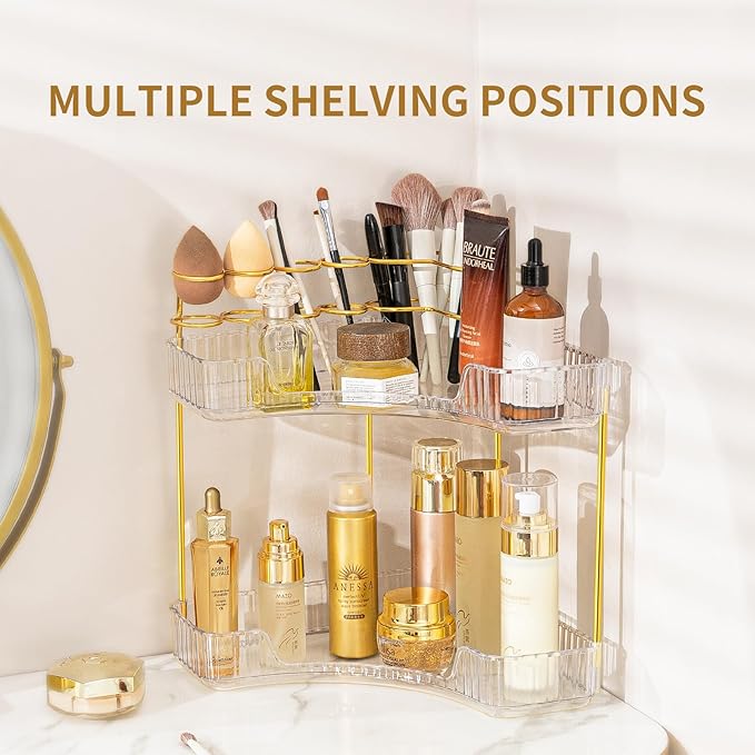 NATURE'S SOURCE Makeup Organizer for Vanity, 2-Tier Corner Bathroom Organizer Countertop with Makeup Brush Holder, Corner Counter Storage for Bathroom Dresser-Clear