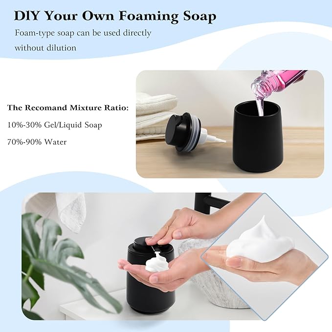 Ceramic Foam Soap Dispenser 2 Pack, 12oz Matte Black Lotion Hand Sanitizer Soap Dispenser with Easy-to-Press Pump for Bathroom & Kitchen Countertop Refillable