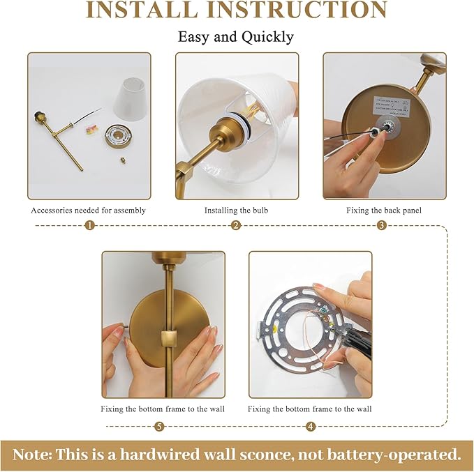 Bsmathom Wall Sconces Sets of 2, Hardwired Classic Brushed Brass Sconces Wall Lighting, Bathroom Vanity Light Fixture with Fabric Shade for Bedroom Living Room Hallway Kitchen, Gold