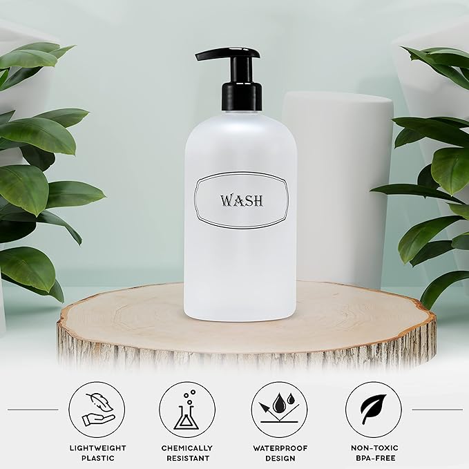 16 oz Shampoo, Conditioner, Wash Refillable Empty Plastic Pump Bottle Dispenser Set (Frosted Clear)