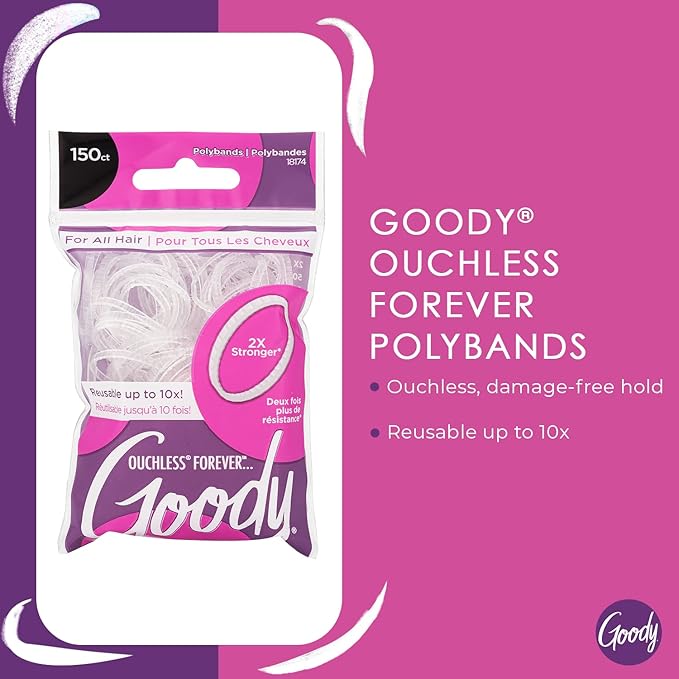 Goody Ouchless Forever Polyband Hair Ties, 150 Ct, Clear, Elastic Bands, Easy Glide, Ultra-Strong Hold Styling Accessories for Women & Men, Secure Hold Ridge Design, All Hair Types