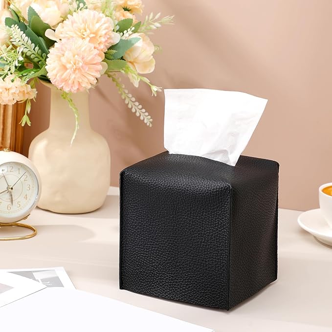 Honeydak 10 Pcs Tissue Box Cover Square Modern PU Leather Tissue Box Holder Decorative Organizer Container for Bathroom Vanity Countertop, Night Stands, Office Desk Car Supply 5.3"x5.3"x5.3"(Black)