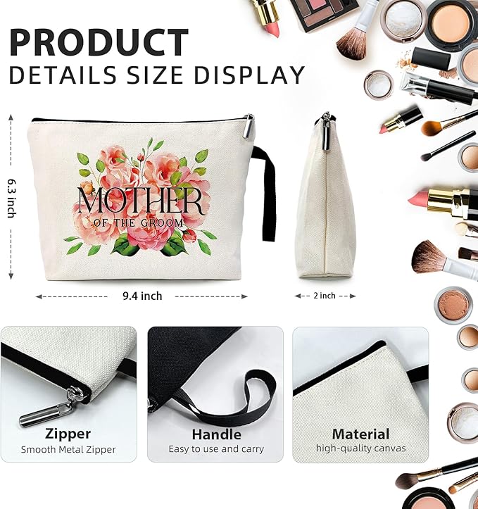 Mother of the Groom Funny Cosmetic Bag, Canvas Toiletry Storage Pouch Travel Zipper Makeup Bag, Wedding Engagement Shower, Present for Mother Women, Wedding Gifts for mom friend coworker Sister BFF