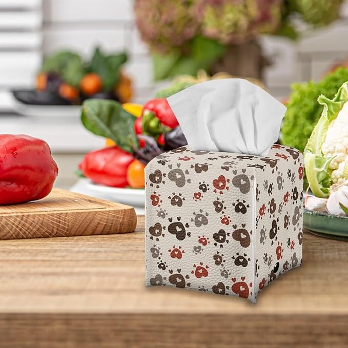 Brown Dog Paws Tissue Box Cover Holder Stylish PU Leather Square Tissue Box Cover with Metal Button Waterproof Napkin Holder for Home Office Car Bathroom Decor