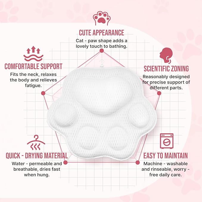 Cute Cat Paw Bath Pillow | Ergonomic Spa Cushion with Non-Slip Design | Quick-Drying, Supports Head, Neck & Back | Unique Gift for Women