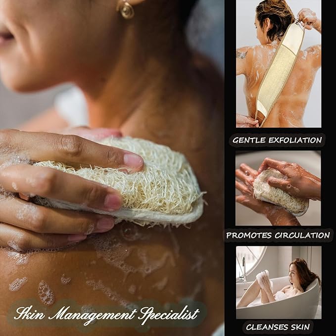 Natural Loofah Sponge Set with Soap Bag, Body Exfoliating Loofah Bath Scrubber for Shower, Shower Loofah for Women and Men, 3-pcs