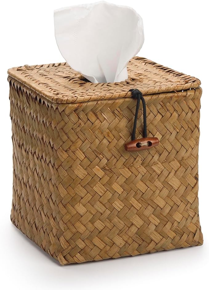 Tissue Box Cover Square, Seagrass Tissue Box Holder, Woven Facial Tissue Holder, Rattan Wicker Tissue Box, Decorative Tissue Cover for Dinner Table, Living Room, Bathroom, Bedroom, Office (Natural)