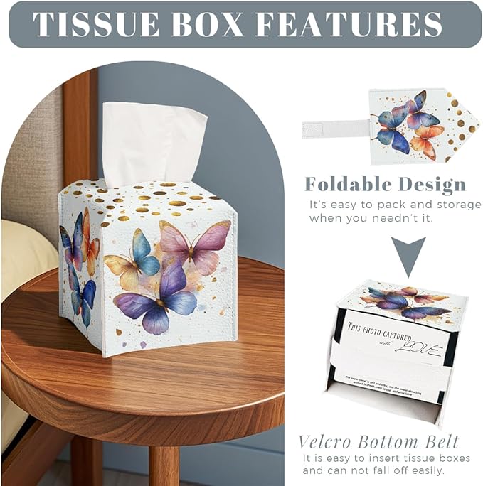 Butterfly Tissue Box Cover Metallic Gold Accents Blue Orange Art Leather Tissue Box Holder Square Facial Paper Organizer Dispenser for Bathroom Kitchen Bedroom Vanity Countertop Night Stands