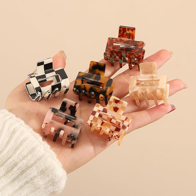 6 PCS Acetate Small Hair Clips for Women, 1.3 Inch Square Tortoise Shell Claw Clips for Thin Fine Short Hair, Durable Hair Claw Clips Leopard Print Hair Accessories for Girls