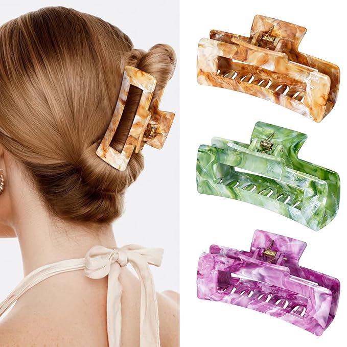 3Pcs Hair Claw Clips for Women, 4.1 Inch Non slip Claw Clip, Reference Ink Painting Design, Ideal for Home Party and Work Styling, Hair Accessories for Girls Gift (Brown and Green and Purple)