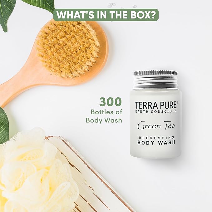 Terra Pure Travel Size Hotel Body Wash 300 Count 1 oz Bottles Guest Amenities for Hotels Vacation Rentals and Short Term Rentals Paraben Free Green Tea Scent Infused with Aloe and Olive Oil