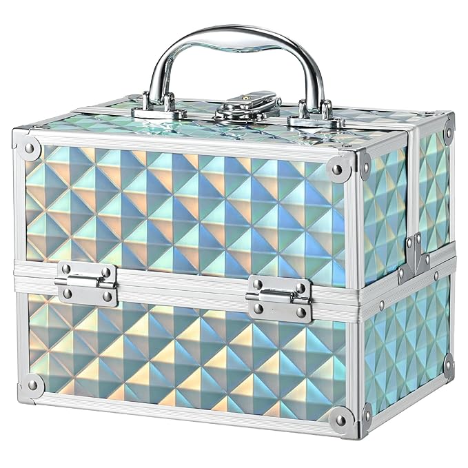 RENESSA Makeup Train Case Portable Makeup Case Organizer Cosmetic Box Make Up Box Makeup Organizer Cosmetic Storage Cases with Locking Nail Kit Organizer Travel Case Shiny Blue