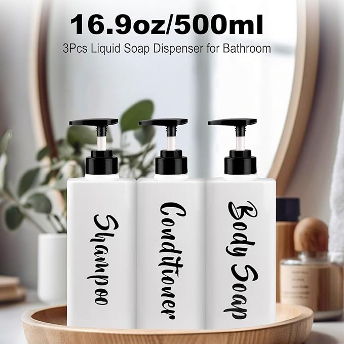 16.9oz Shampoo Conditioner Body Wash Dispenser for Shower, Refillable Printed Soap Bottles with Pump, Empty Plastic Bathroom Dispenser Set for Shampoo, Conditioner & Soap (White, 3 Pack)