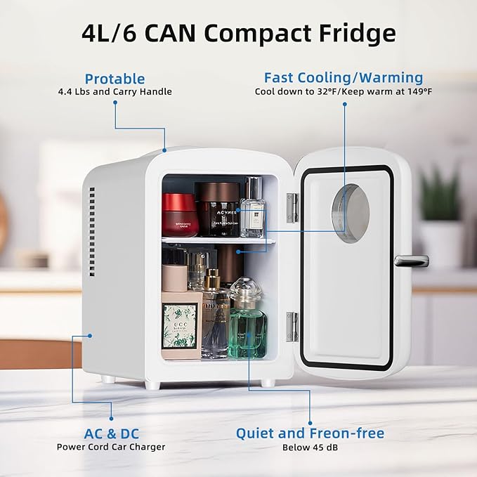 Antarctic Star Mini Fridge, 4L Capacity/6 Cans Portable Cooler and Warmer Compact Refrigerator, for Bedroom,Car,Office and Dorm, Small Cooler and Warmer for Cosmetics, Beverage and Food, White