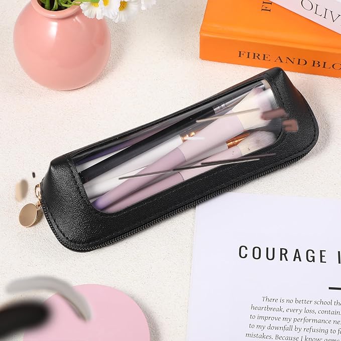 Lusofie Small Clear Makeup Brushes Bag, PU Leather Makeup Brush Bag, Portable Clear Make-up Brush Pouch with Zipper, Multi-use Cosmetic Organizer Bags for Women(Black)